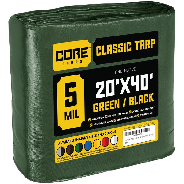 Core Tarps 40 ft L x 0.5 mm H x 20 ft W 5 Mil Tarp, Green/Black, Polyethylene CT-503-20X40